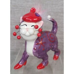 Amy Lacombe Cat Figurine Purple & Red Feather Hat 2004 Vintage Red Hat Society